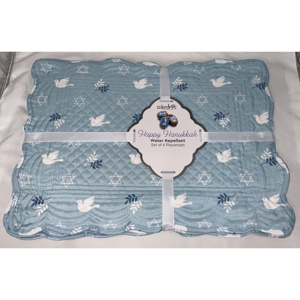 NEW COLORDRIFT HANUKKAH PLACEMATS STAR OF DAVID DOVE BLUE WATER REPELLENT SET/4